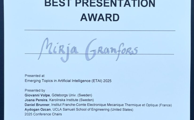 Mirja Granfors received the Best Early-Career Researcher Presentation Award at ETAI 2025, San Diego